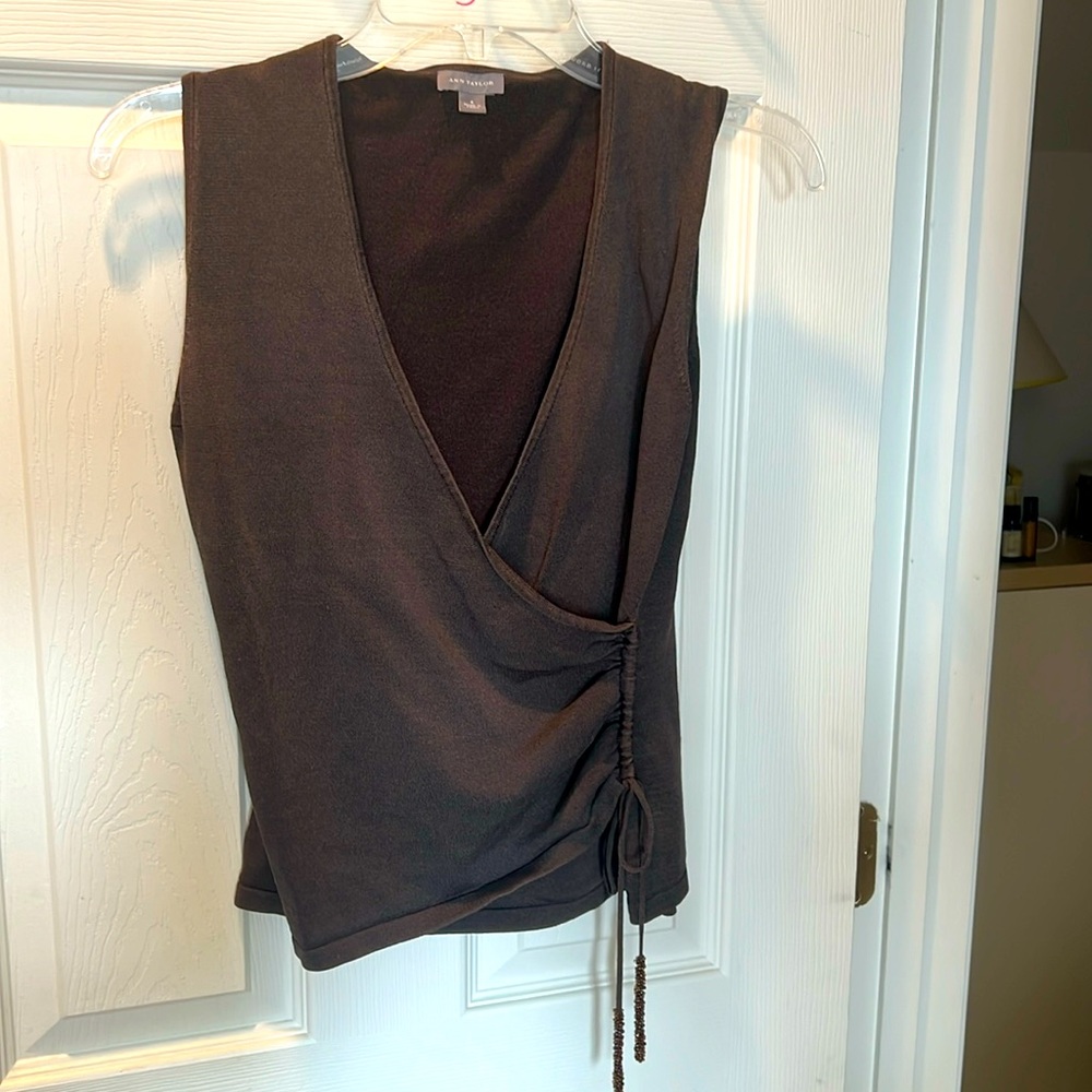 Ann Taylor Wrap Top color; Distressed Espresso Brown Top. Size Small